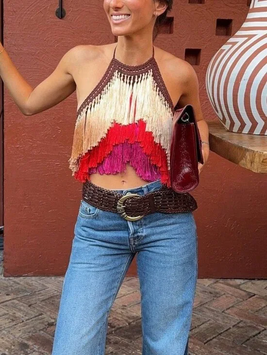 Multicolor Casual Women's Boho Crochet Fringe Halter Crop Tank Top - Picture 4 of 7